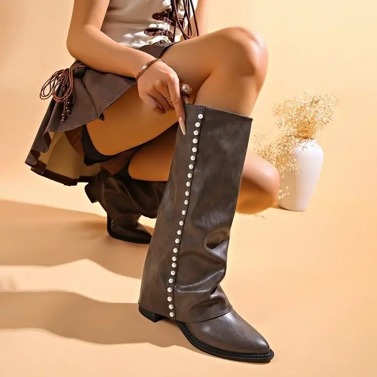 Damen Stiefel mit Perlenschmuck und rutschfester Sohle
