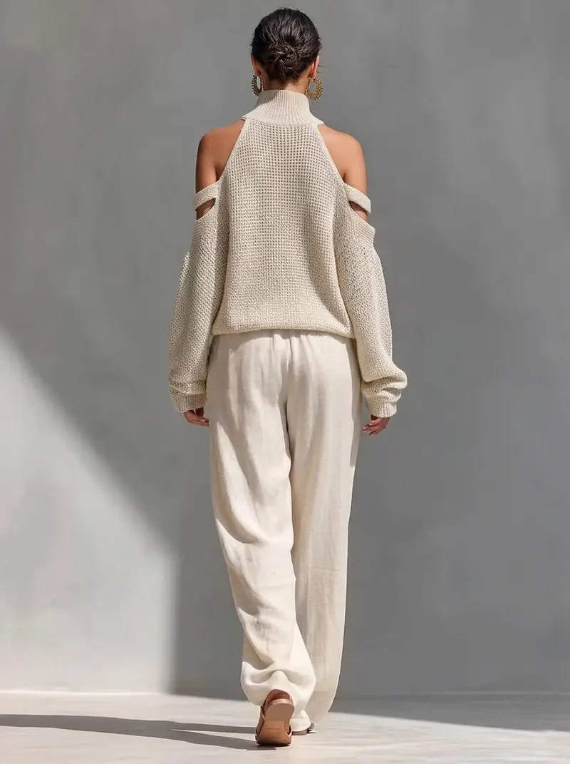 Damen Strick-Set mit Cold-Shoulder-Pullover und weitem Hosenbein
