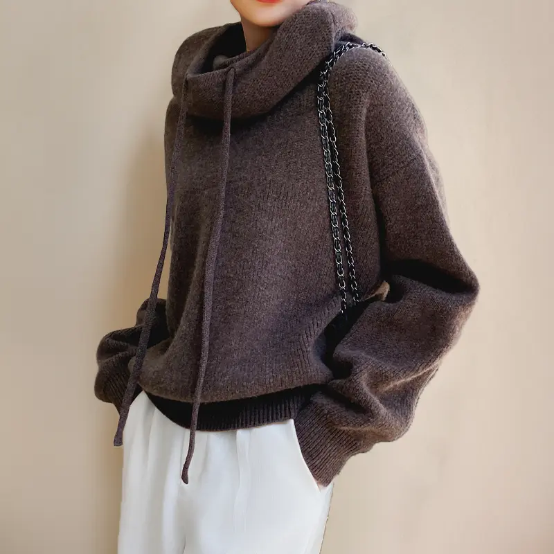 Damen Strickpullover mit hohem Kragen und Kordelzug
