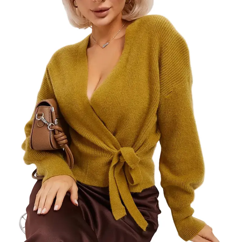 Damen Wickelstrickpullover mit V-Ausschnitt und Bindegürtel