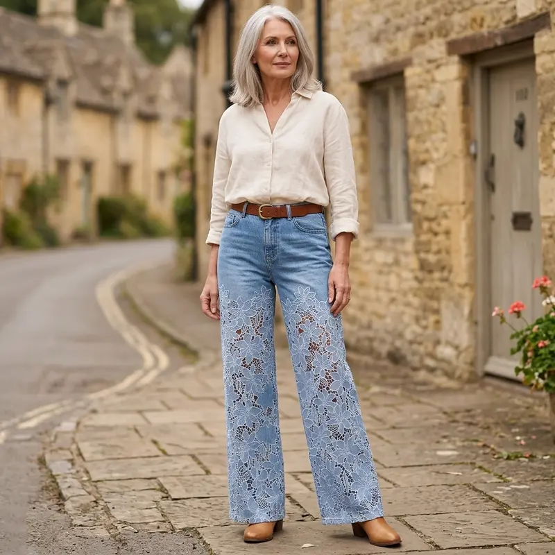 Damenjeans mit weitem Bein und Spitzenbesatz