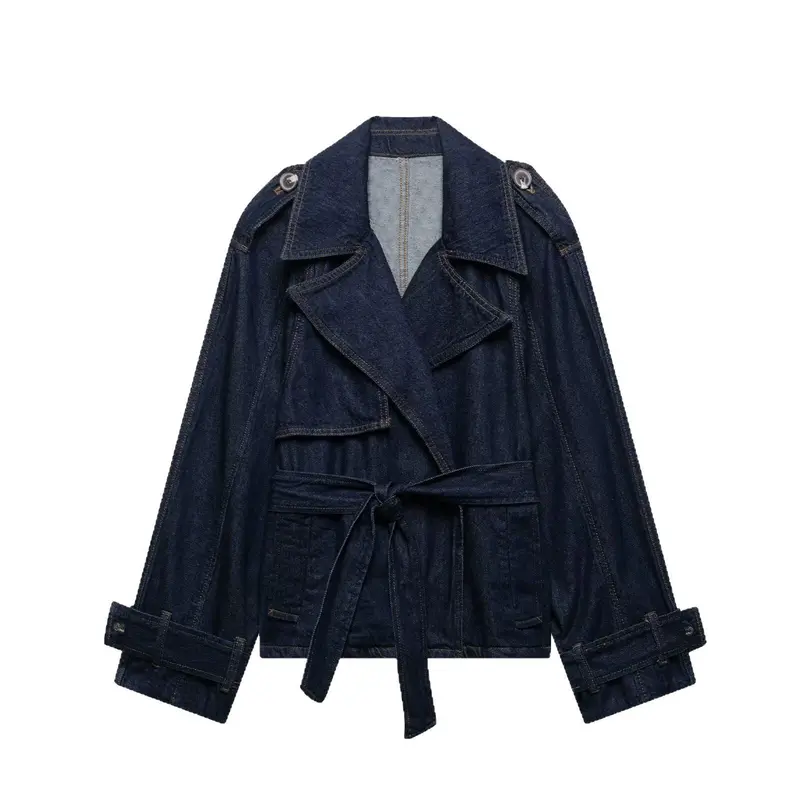 Dames denim windjack met lange mouwen en ceintuur