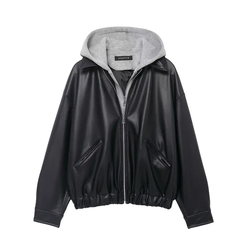 Dames faux lederen jack met contrasterende capuchon