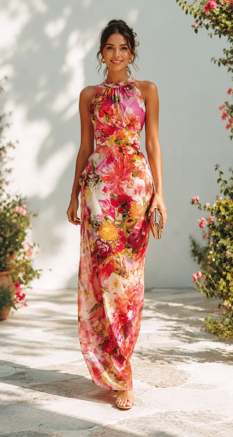 Daniefa | Florales Maxikleid mit Neckholder-Ausschnitt