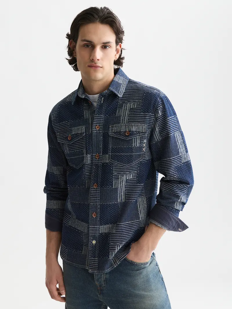 Denim Patchwork Relaxed-Fit Overshirt