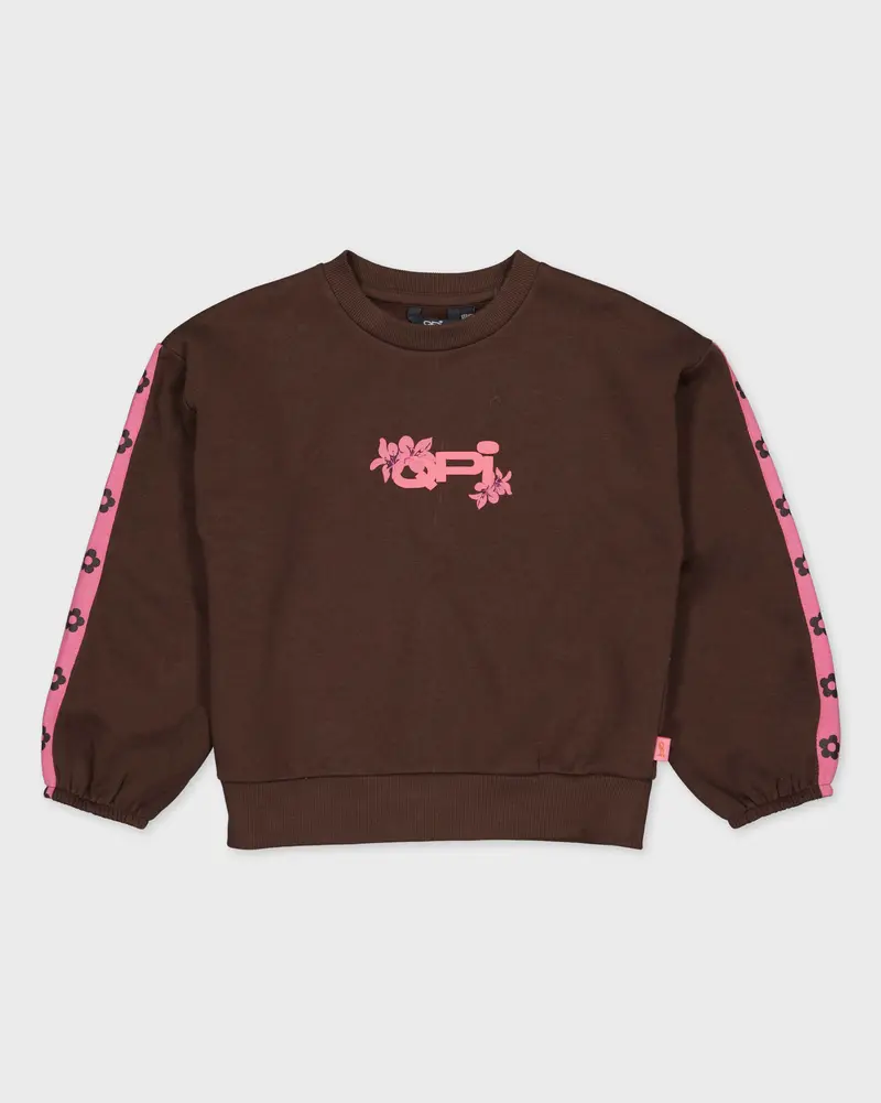 Donkerbruine sweater met roze mouwbies | Brown