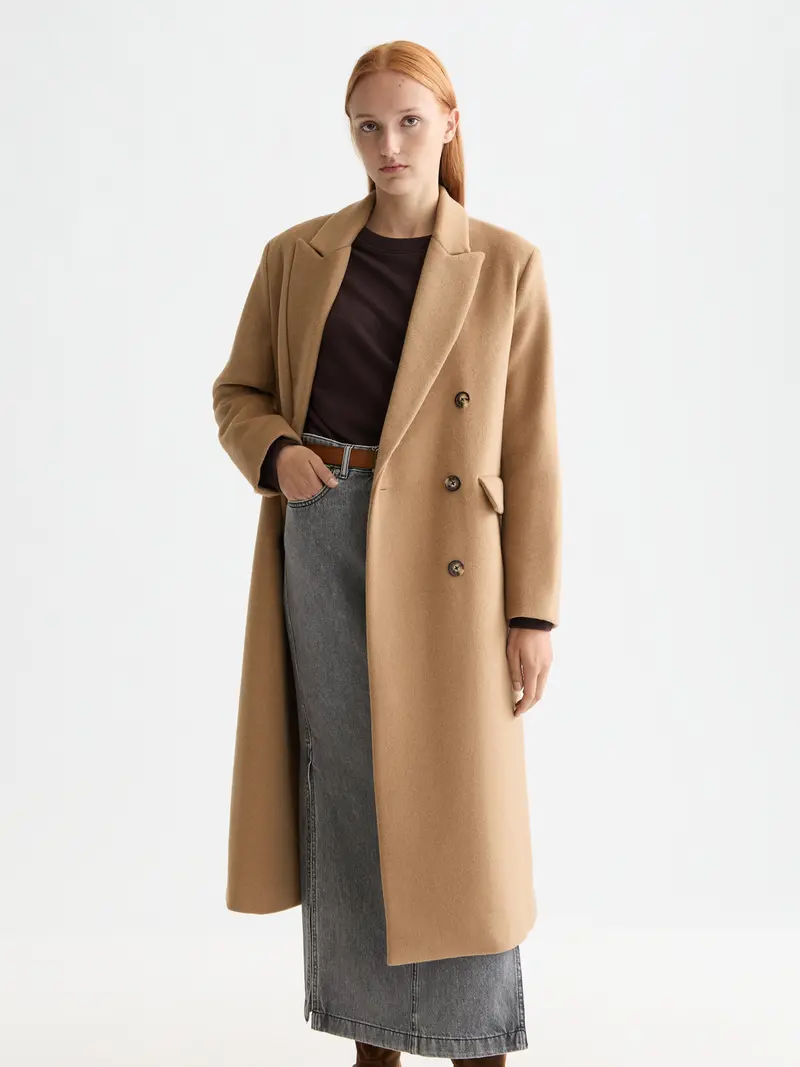 Double Breasted Tailored Wool Blend Coat