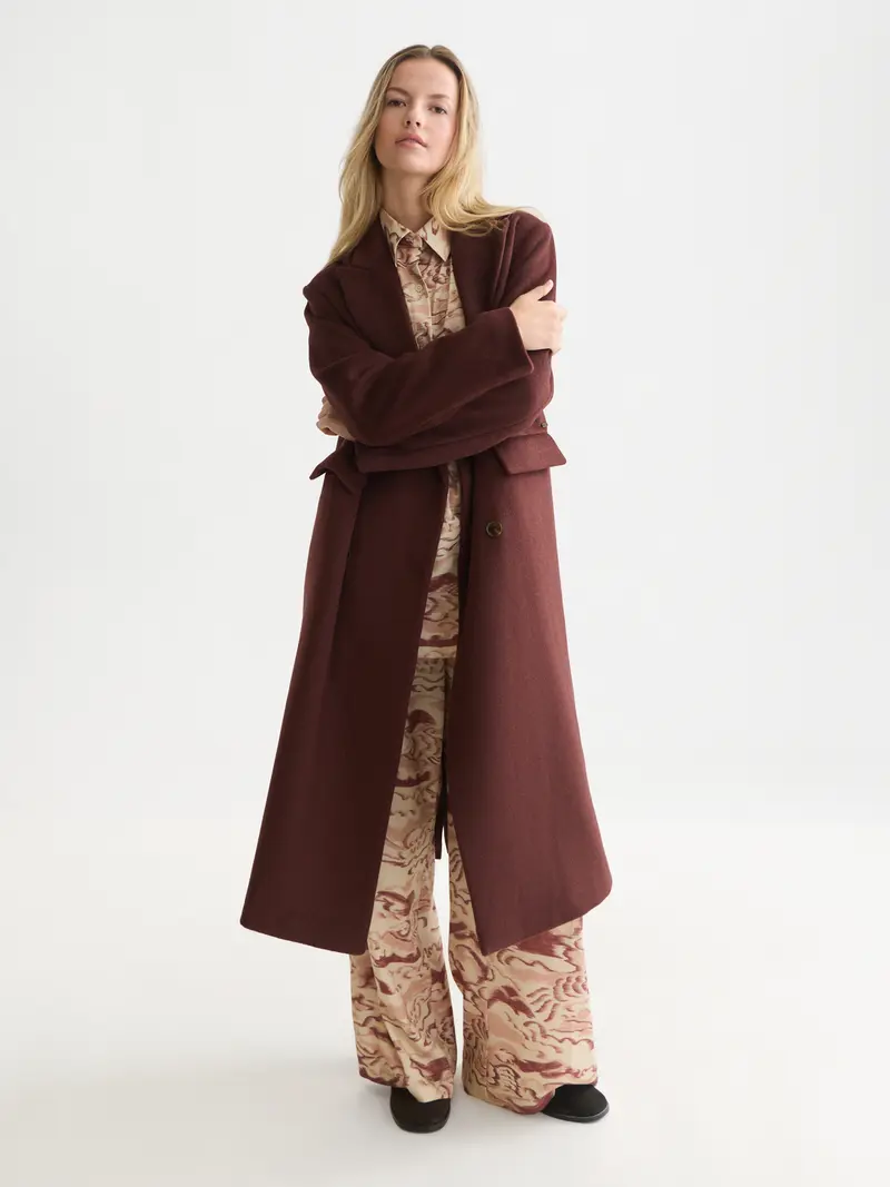 Double Breasted Wool Blend Long Coat