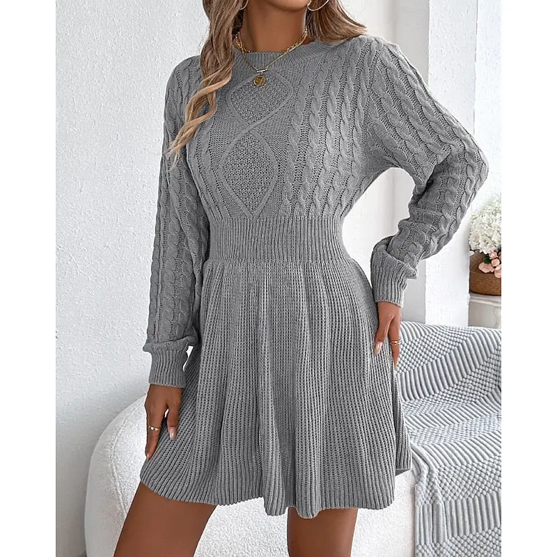 Edwara | Damen Strickkleid Langarm Zopfmuster Mini