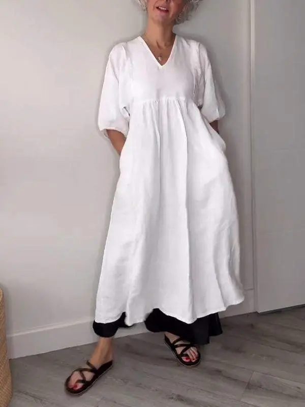 Eeva | Damen Midikleid V-Ausschnitt Taschen Lässig