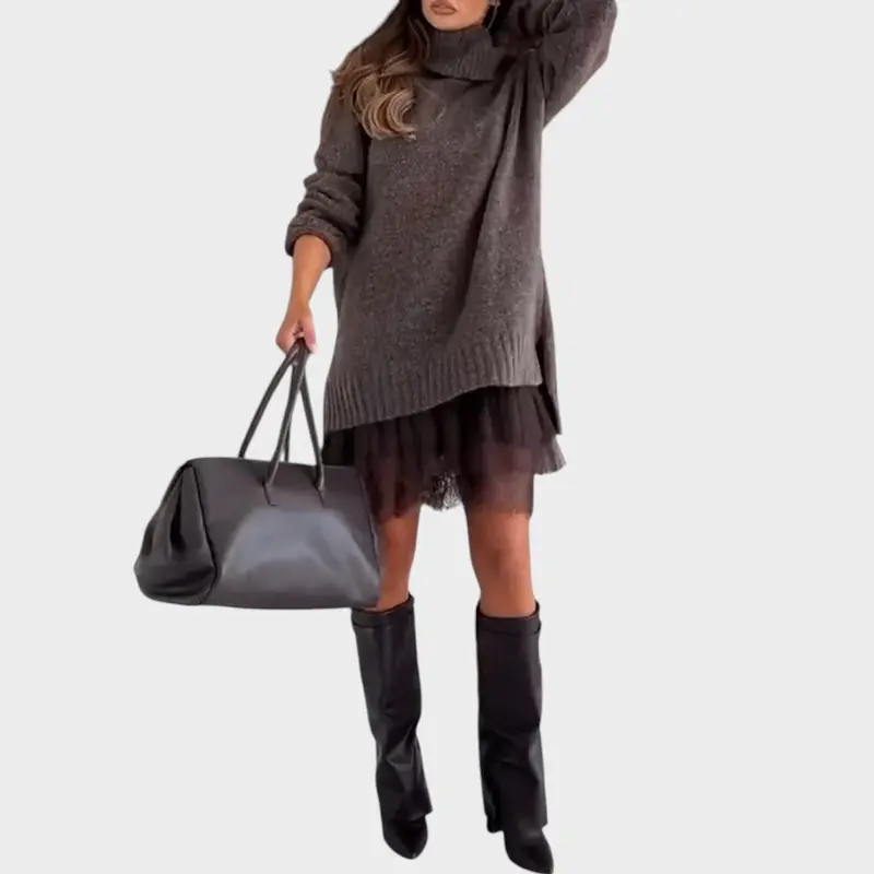Elbrun | Damen Strickkleid Oversize Rollkragen
