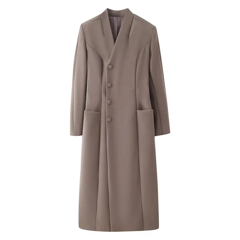 Elegant stand up collar side button padded shoulder woolen coat