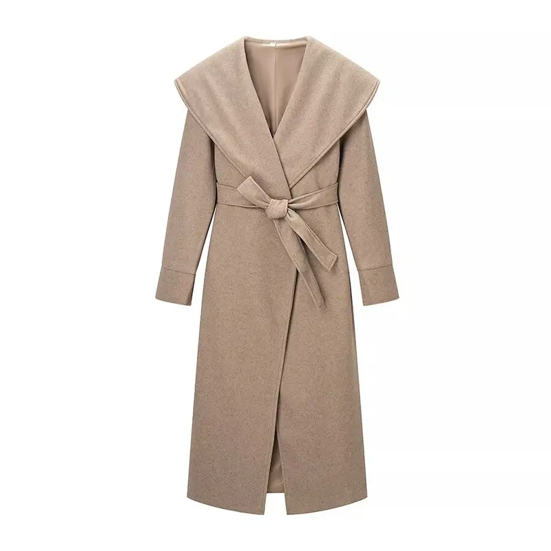 Elegante wollen jas met brede revers en tailleband