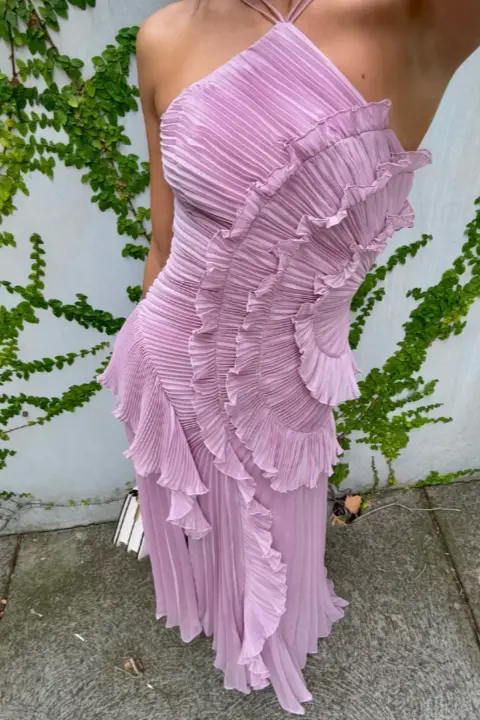 Elfriede | Damen Gefaltetes Rüschen Neckholder Midikleid