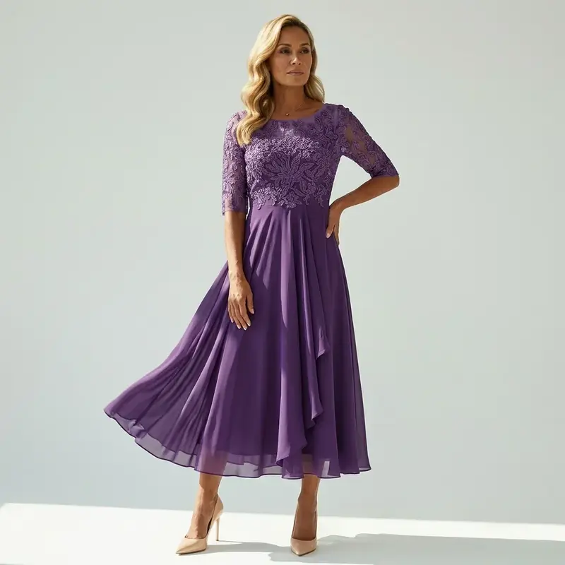 Ella | Damen Festliches Spitzen Midikleid