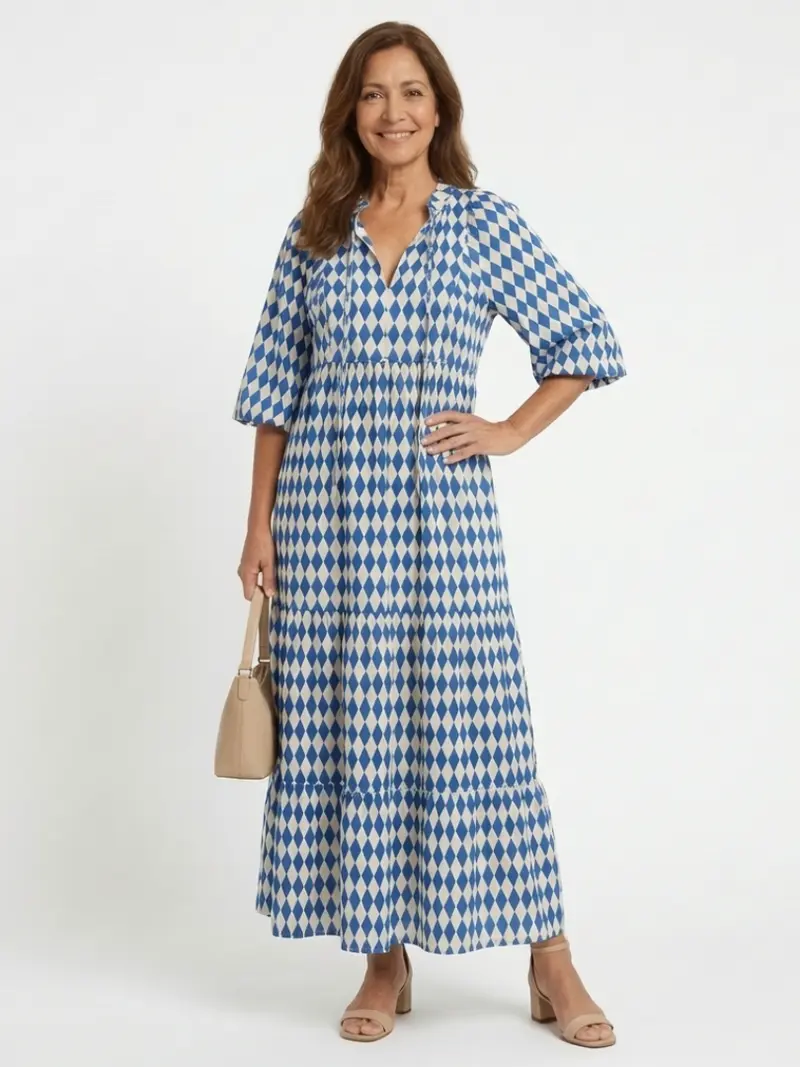 Elodie | Diamantmuster gestuftes Midi-Kleid