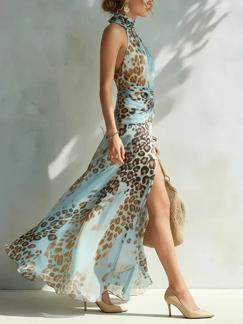 Eloria - Transparentes Neckholder-Maxikleid mit Leopardprint