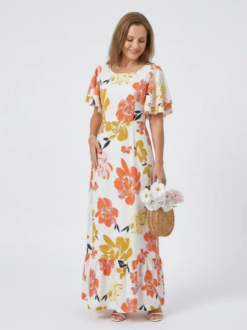 Elowen | Rundhals Kurzarm Schichten Maxikleid
