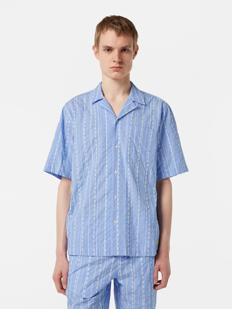 Embroidered-Stripe Relaxed-Fit Short Sleeve Shirt