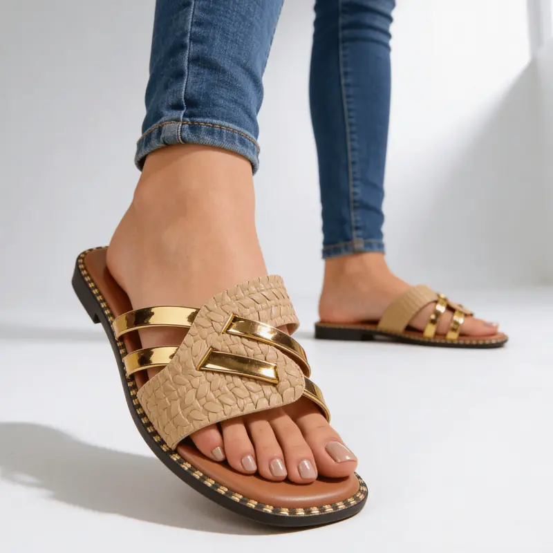 Flache Damen-Pantoletten mit Metallic-Riemen