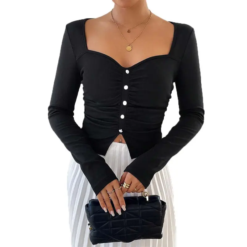 Franse elegante high-end slanke top met knopen en lange mouwen