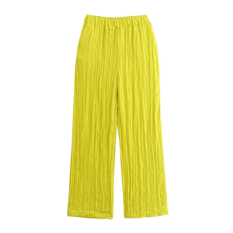 Gele wijde broek met zakken en elastische taille