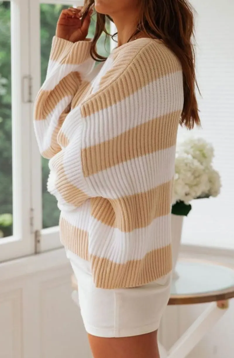 Greta | Damen Gestreifter Oversized Strickpullover Rundhalsausschnitt Langarm