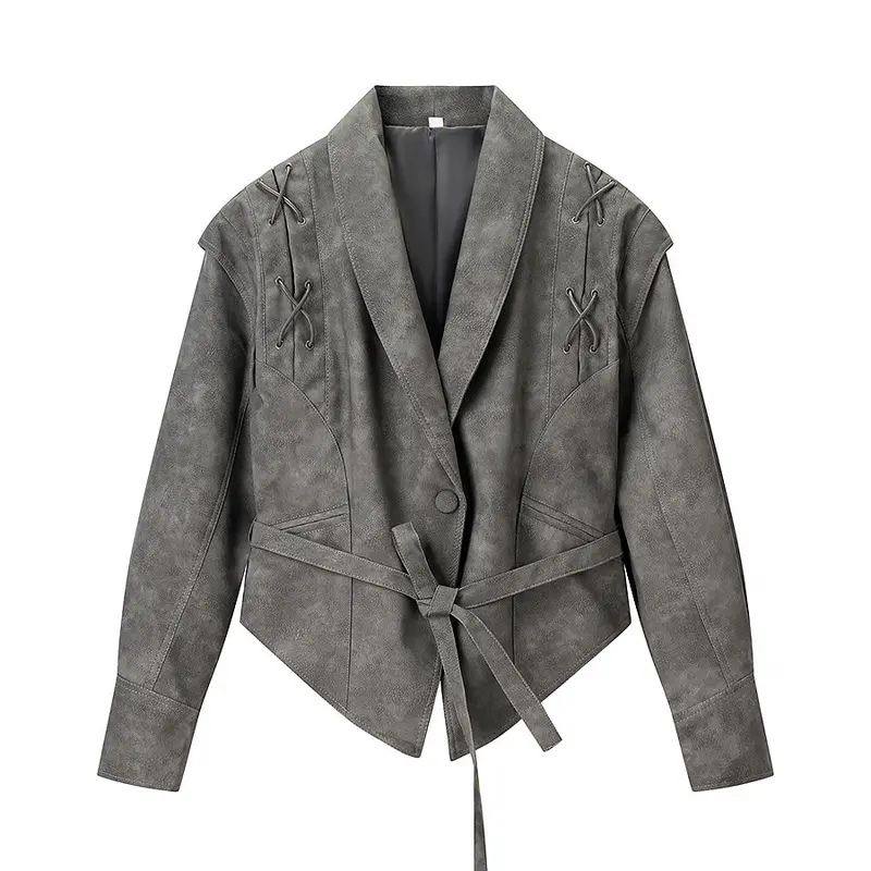 Grijze PU-leren jacket met ceintuur voor dames