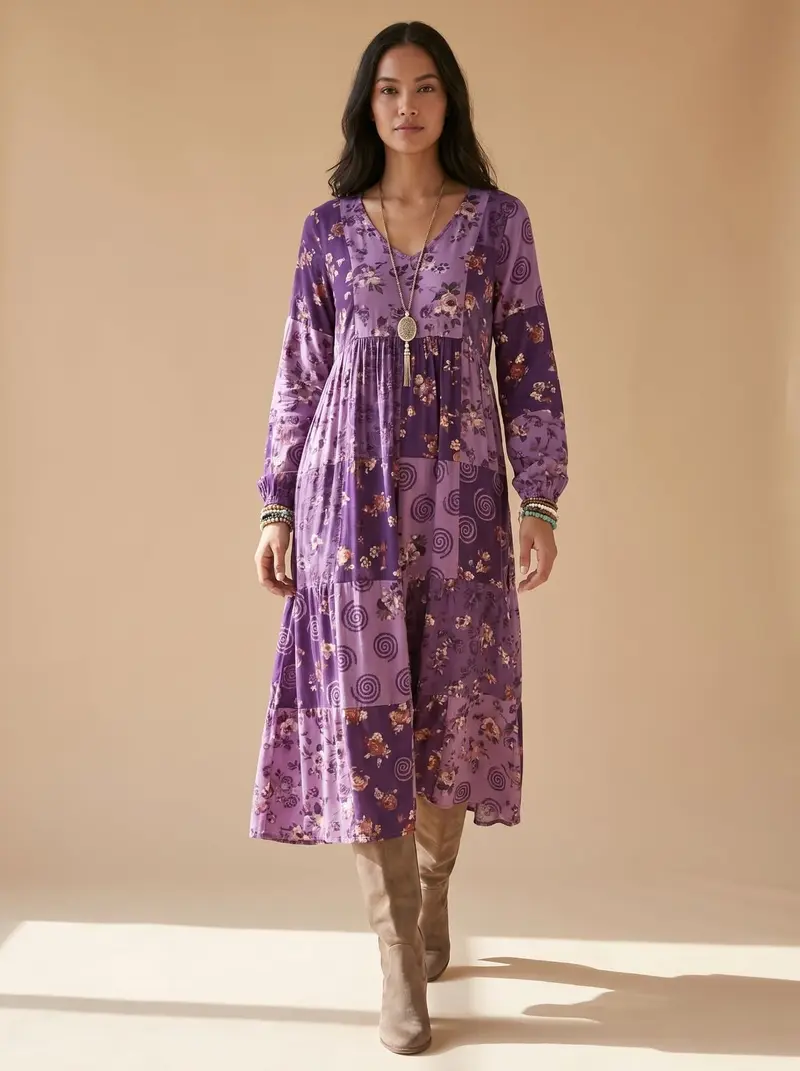 Hannah | Damen Boho Maxi-Kleid Langarm Vintage-Patchwork V-Ausschnitt