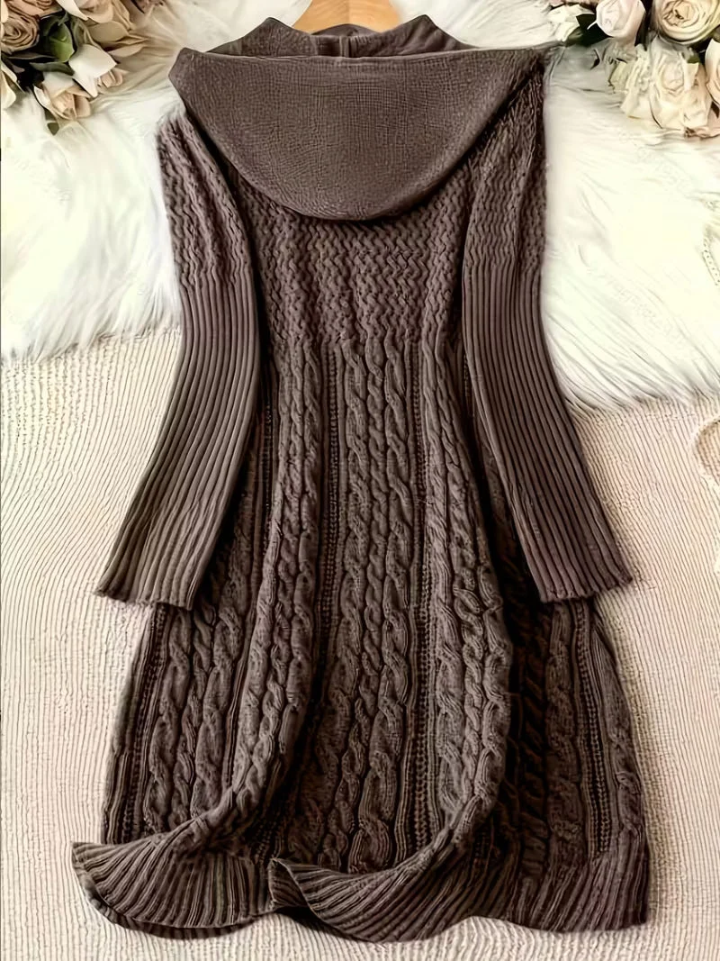 Helwina | Damen Strickkleid mit Kapuze Grobstrick