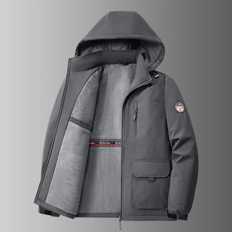 Herren gefütterte Softshell-Winterjacke mit Kapuze und Multifunktionstaschen