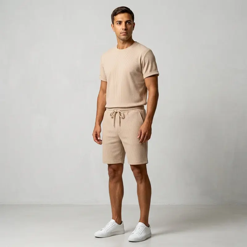 Herren Geripptes Set Mit Kurzarm Shirt Und Shorts
