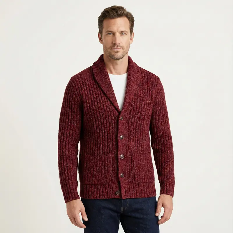 Herren-Strickjacke mit Schalkragen und grobem Strickmuster