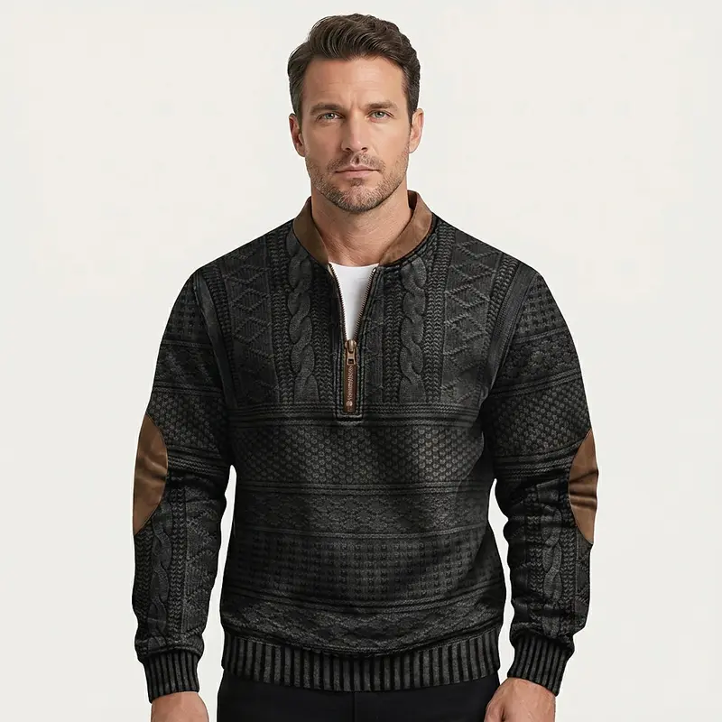 Herren-Strickpullover mit Muster, halbem Reißverschluss und Ellbogen-Patches