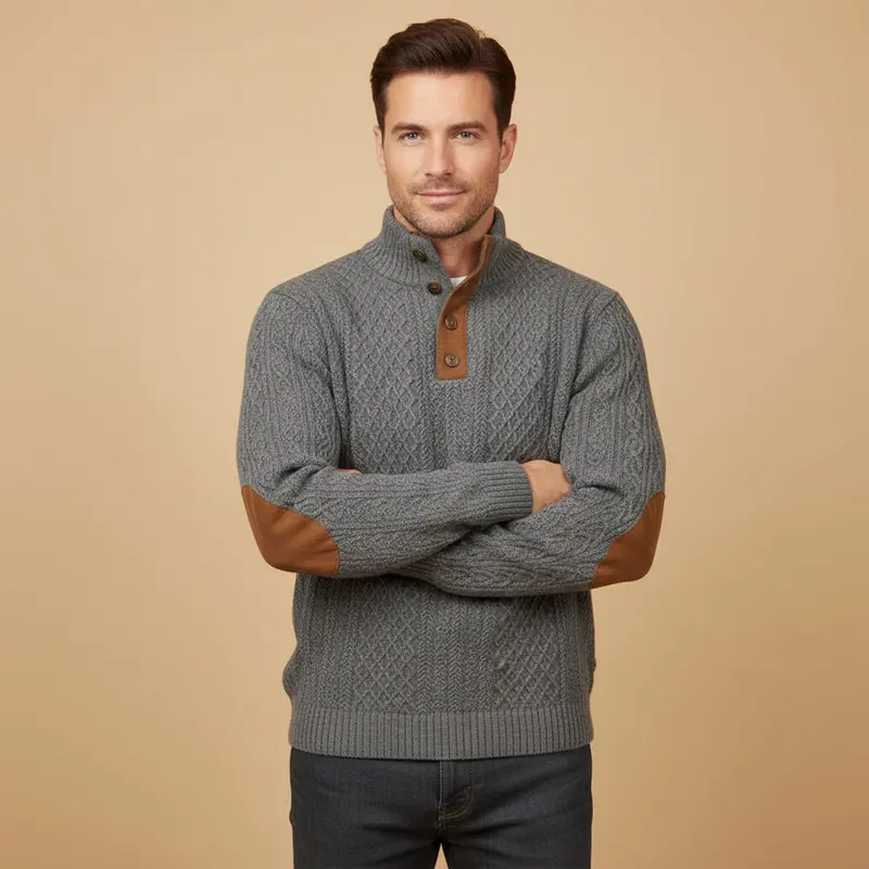 Herren-Strickpullover mit Zopfmuster und Knopfleiste