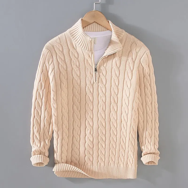 Herrenpullover Halbzip Strickpullover mit Zopfmuster – Komfort Fit für Elegante Freizeitlooks