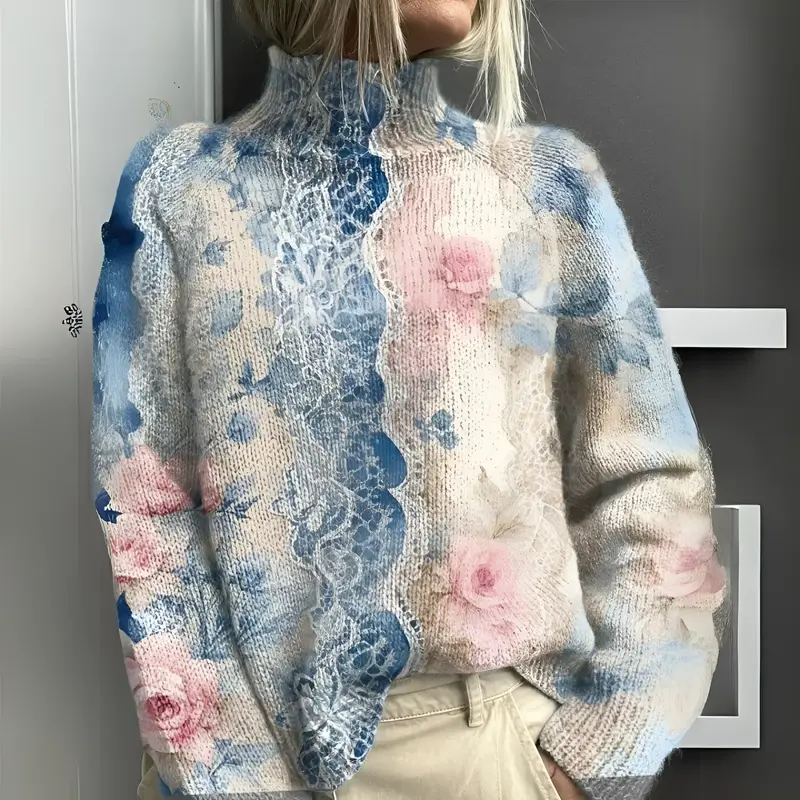 Hildegard | Damen Strickpullover Rollkragen Blumenmuster