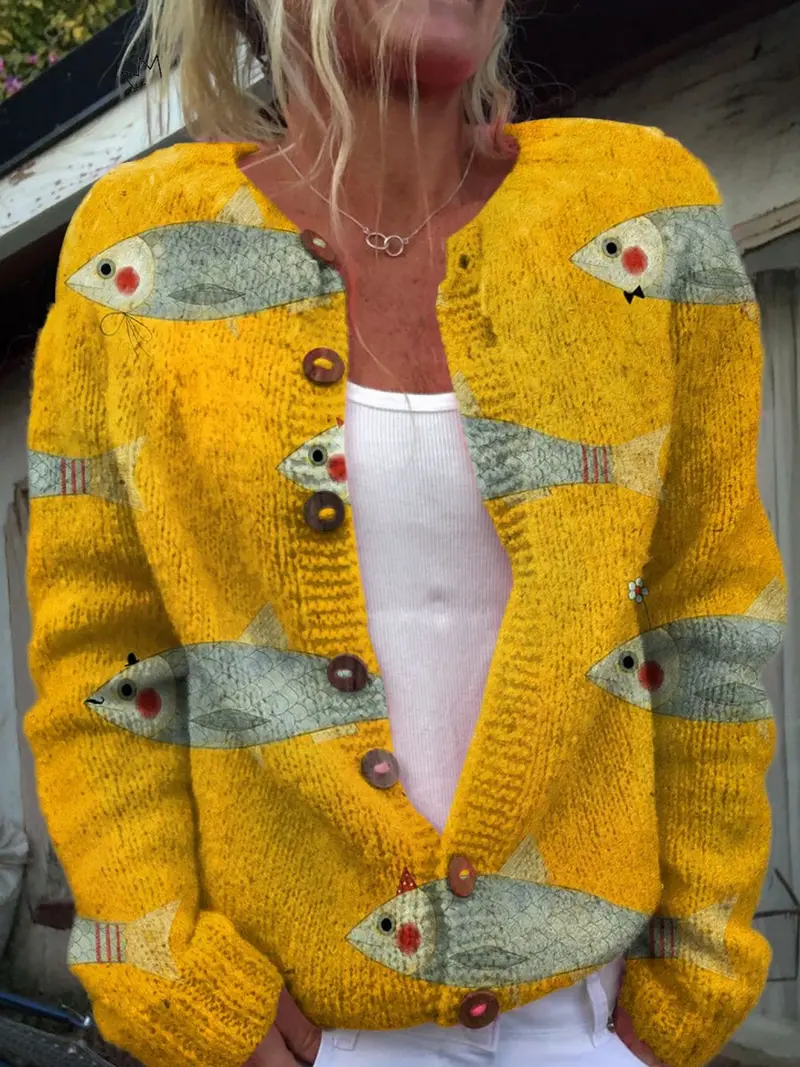 Hildrun | Damen Strickjacke mit Print Cardigan