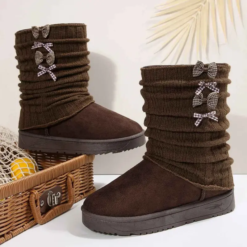 Hildrun | Damen Winterstiefel mit Strickschaft und Schleife