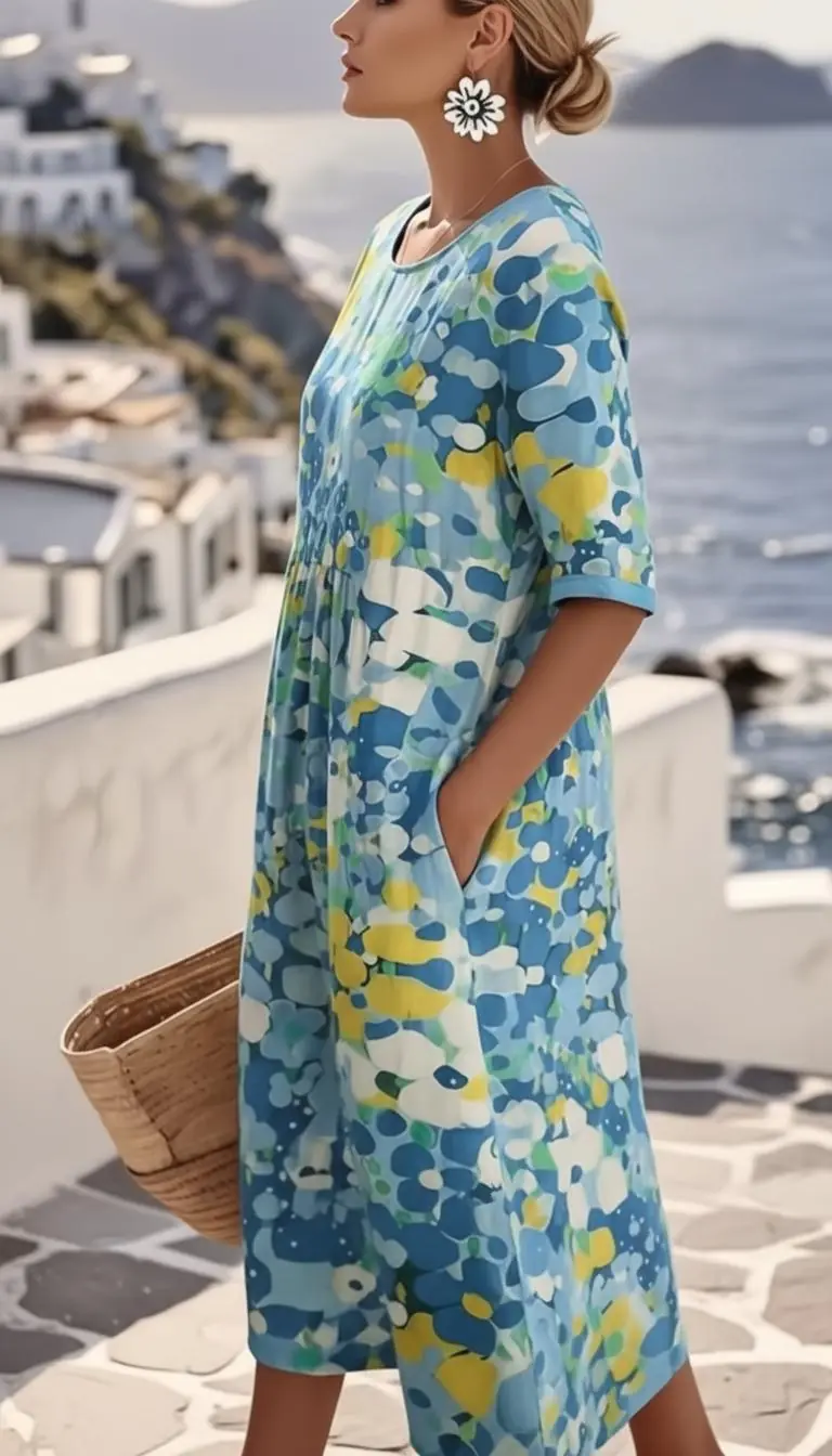 Ilonka | Damen Bedrucktes Kurzarm A-Linien Midikleid