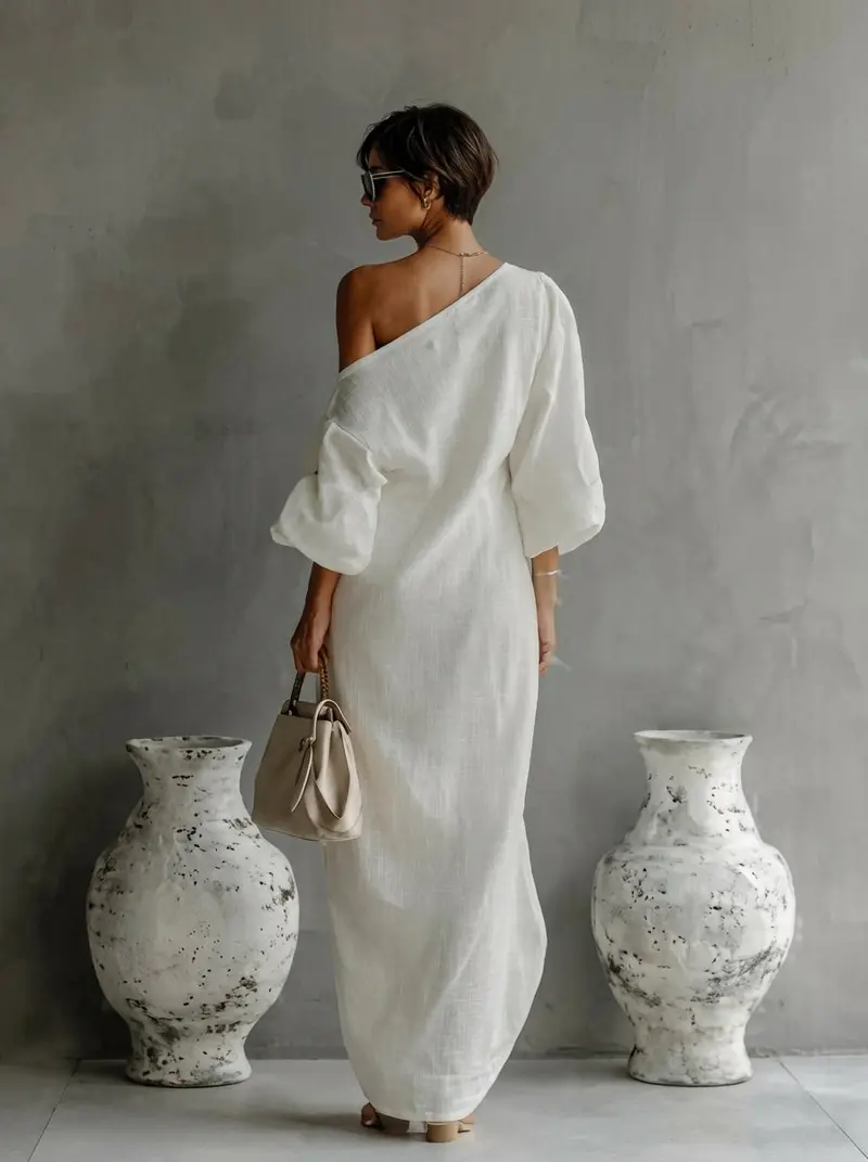 Isadora | Damen Ein-Schulter Langarm Maxikleid