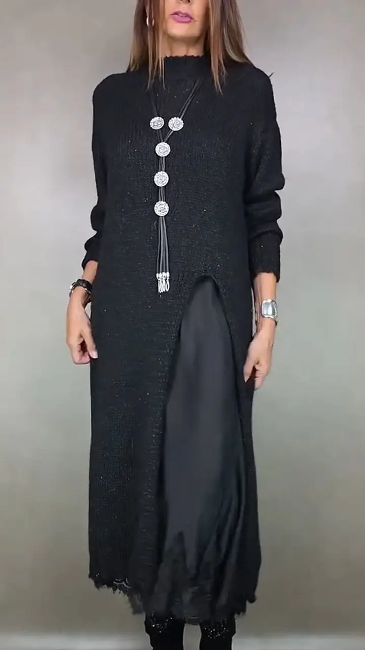 Ivana | Damen Langes Strickkleid mit Unterkleid