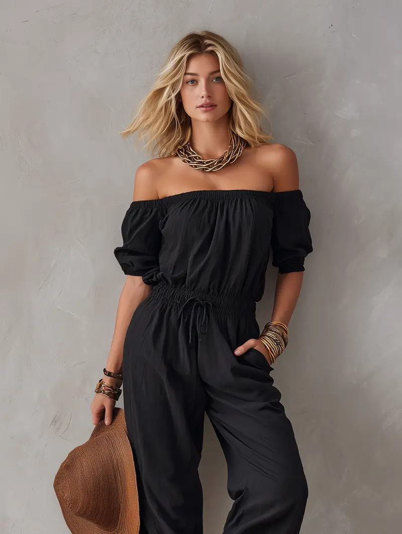 Joesy | Lässiger schwarzer Off-Shoulder-Jumpsuit