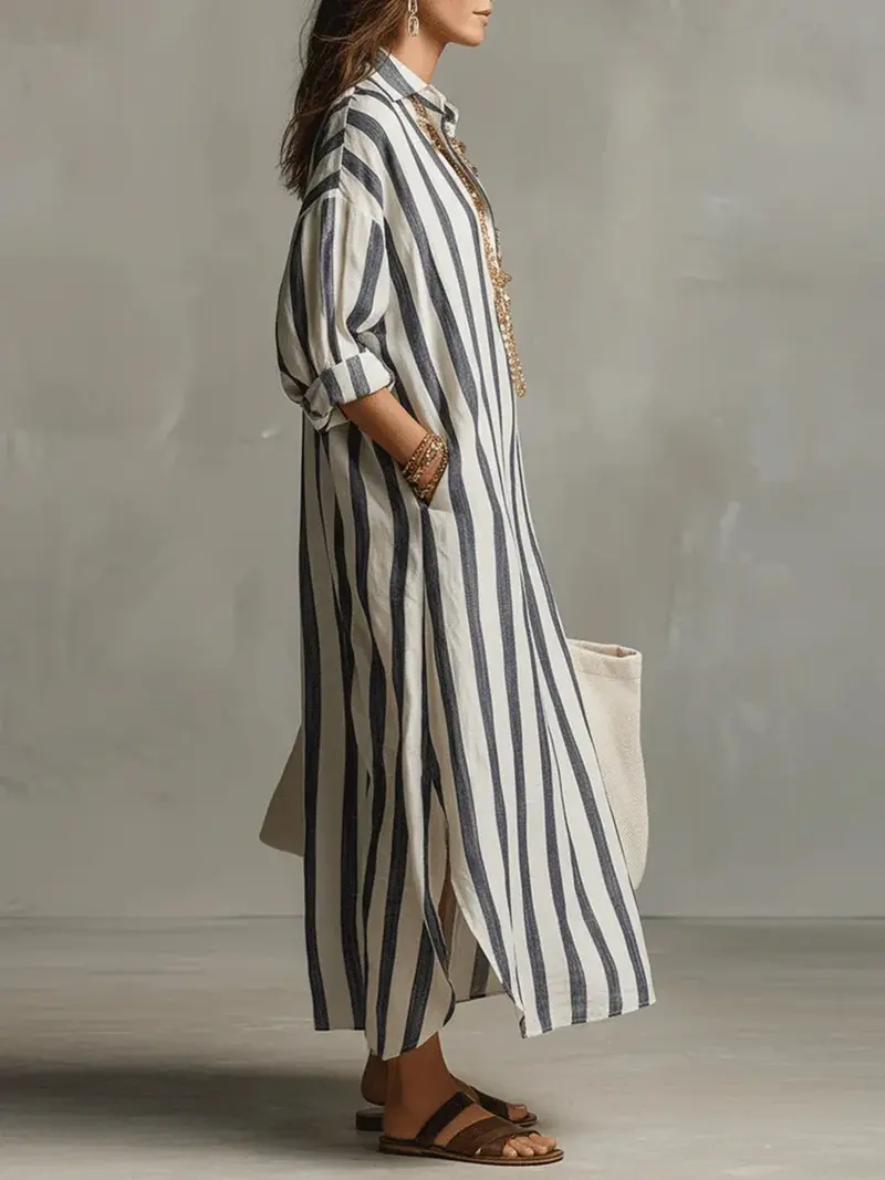 Josephine | Damen Gestreift Langes Hemdblusenkleid