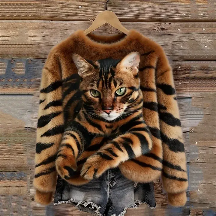 Jules – Weiches Plüsch Sweatshirt Mit Tabby Katzen Und Tiger Muster