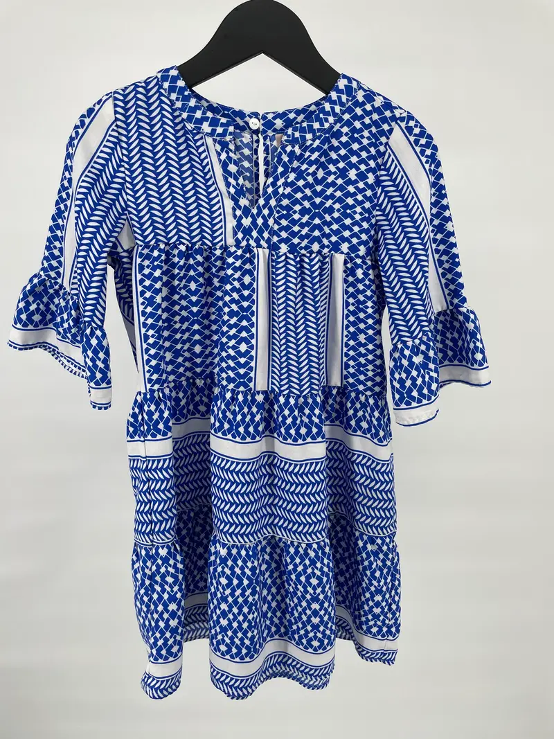 Jurk Blauw Wit Grafische Print Maat 110 / 116