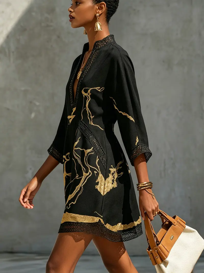 Kalvina | Schwarzes Kleid mit goldenem Muster
