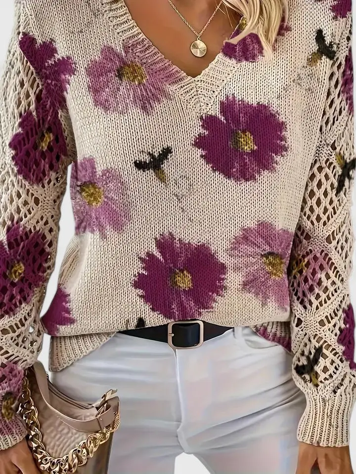 Katrin | Eleganter Blumen-Strickpullover Mit V-Ausschnitt