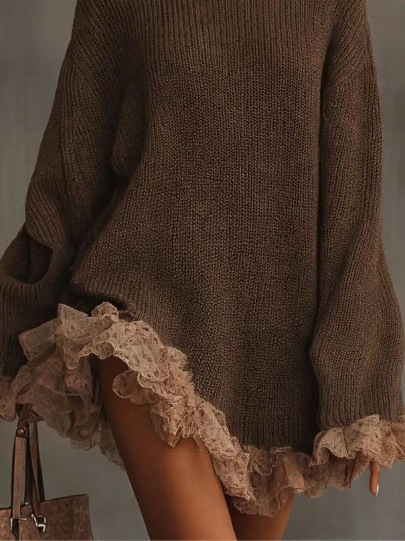 Kerantha | Damen Oversize Strickkleid mit Spitzensaum