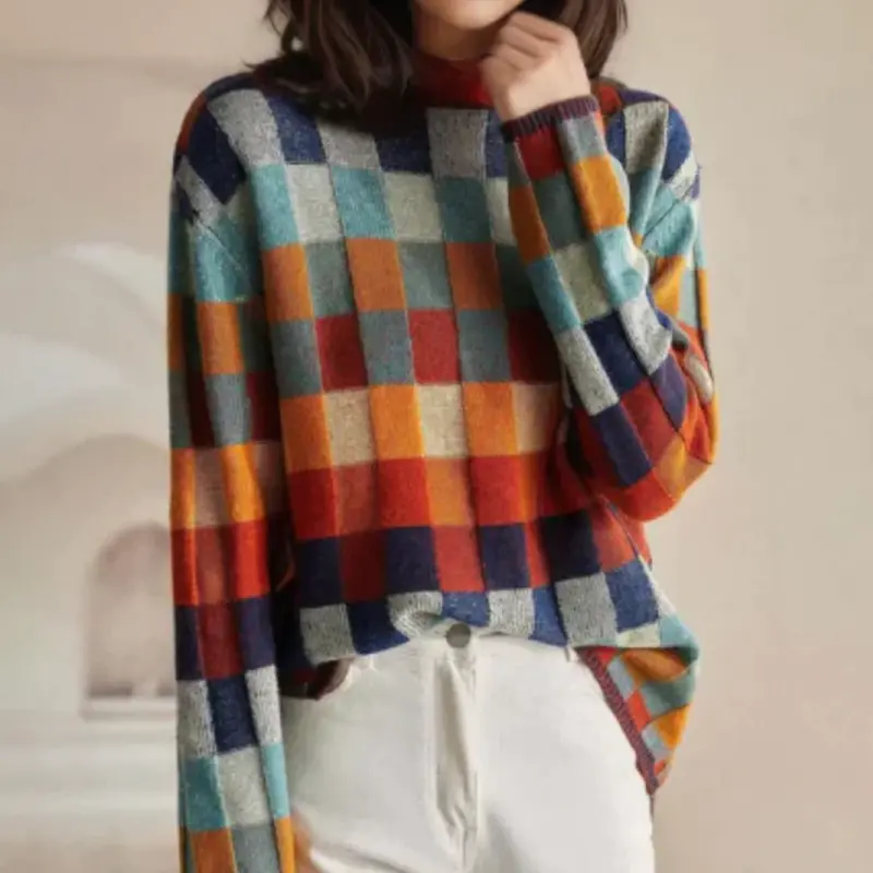 Kerensa | Damen Karierter Strickpullover Bunt